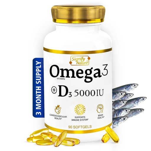 [BRSWYBTRBBYBUELO] SIGNIFY NATURE Omega 3 Fish Oil Supplement with Vitamin D3 5000 IU – Omega3 1000mg Triglyceride Capsules for Heart Health & Immune Support – High Potency EPA DHA + VIT D 3 – 90 Softgels