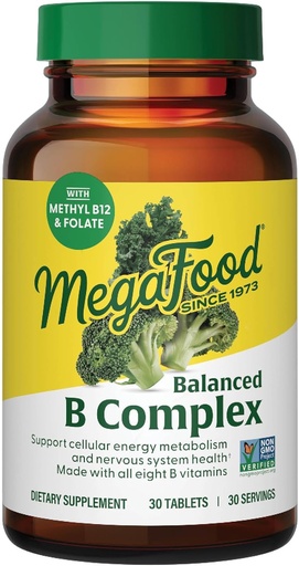 [BRSWIYT3PMDBUCLE] MegaFood Līdzsvarots B komplekss - B komplekss Vitamīnu papildinājums, 8 B Vitamīni, tostarp vitamīns B6, vitamīns B12, folāts, biotīns un vairāk, Atbalsta šūnu enerģijas ražošanu, Vegan, bez lipekļa - 30 tabletes