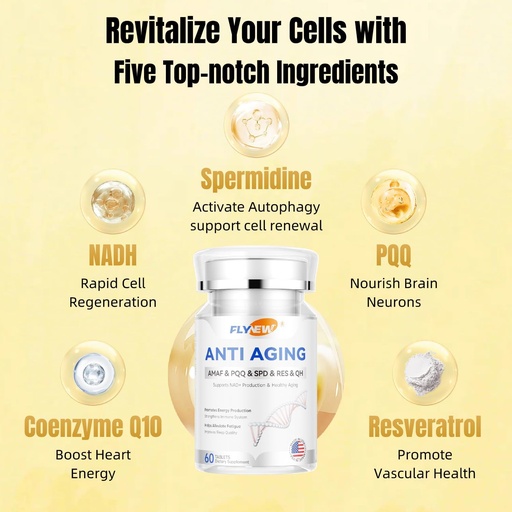 [BRSRAFAEPMNWAYDJ] Anti-Aging, Resveratrol,NADH PQ, Healthy Hair, Skin, and Nails, Cellular Health, Spermidine, Ubiquinol, GMP, Made in USA 60 Capsules