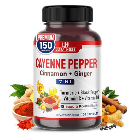 [BRSROGTYOF6GAF3J] Cayenne Pepper 7 in 1 - with Ginger, Turmeric, Cinnamon, Black Pepper - Promotes Digestive System Function (150-day Supply (Pack of 1))