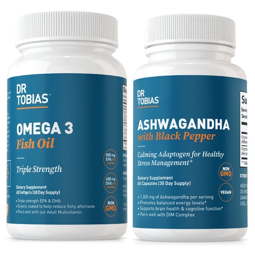 [BRSROCAZAEBQM3YU] Dr. Tobias Omega 3 Fish Oil and Ashwagandha Capsules, Support Overall Wellness & Balanced Energy & Resilience, Non-GMO