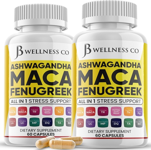 [BRSROFL4OABBSCT5] JB Wellness Co Ashwagandha Maca Root Fenugreek Supplement with Tongkat Ali Ginseng - Assists with Mood & Thyroid Health - Made in USA - 120 Count