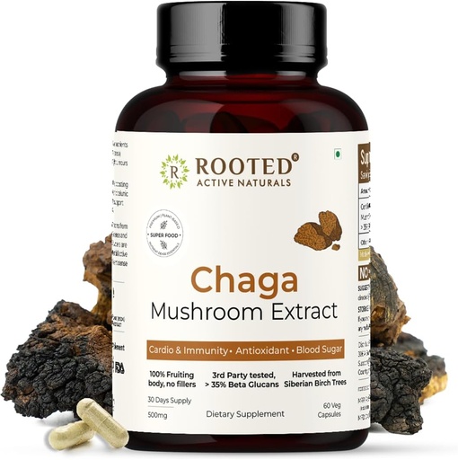 [BRSW2GIHO4BBG3DO] ROOTED Actives, Siberian Chaga Mushroom Extract, Certified Organic| 35% Beta Glucans - Lab Verified | Antioxidant & Vitality Support (60 Veg Caps)
