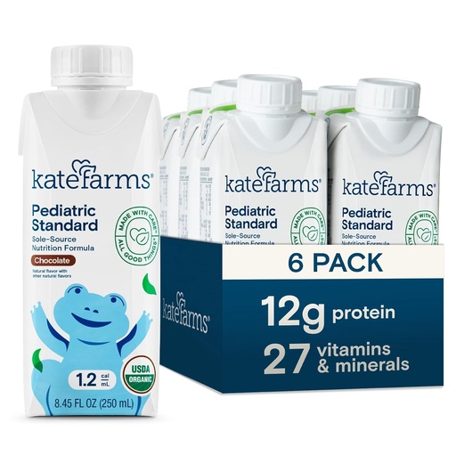 [BRSROZQ7BF6GA3IY] KATE FARMS Organic Pediatric 1.2 High Calorie Chocolate Nutrition Shake, 12g Protein, 27 Vitamins and Minerals, Meal Replacement, 8.45 oz (6 pack)