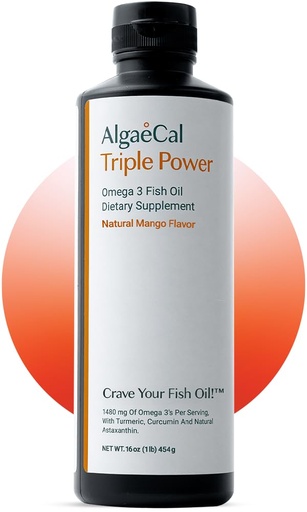 [BRSW2AQOBV5BUF3A] ALGAECAL Triple Power Omega 3 Fish Oil - EPA DHA Omega 3 Supplement 1200mg, Liquid Fish Oil with Turmeric Curcumin & Astaxanthin, Joint Support & Inflammation Relief, Mango Flavor, 16 oz