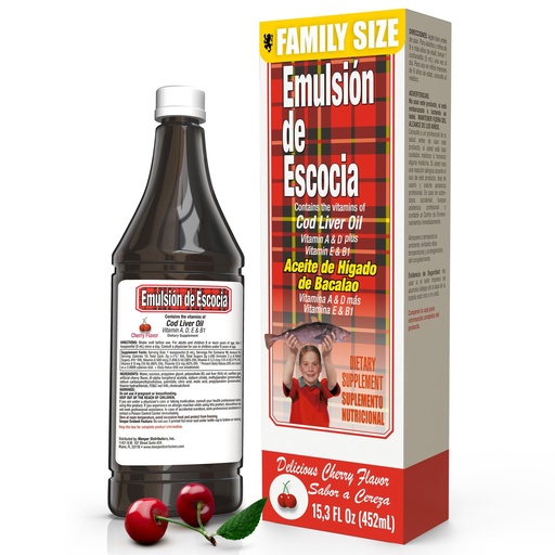 [BRSWIYIDC4CRO2DY] Emulsión de Escocia with Cod Liver Oil – Cherry Flavor – Vitamins A, D, E & B1 for Immune and Liver Support – Liquid Supplement for Kids – 15.3 Fl Oz | 1-Pack