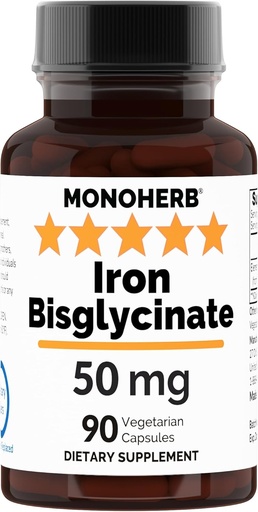 [BRSRAZAROV5WC232] Iron Bisglycinate 50 mg - 90 Veg Capsules - 50 mg of Elemental Iron per Capsule