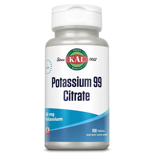 [BRSWIYQBBUHQMALY] KAL Potassium Citrate 99mg, Fluid and Electrolyte Balance, Potassium Supplement for Muscle, Nerve and Heart Health Support, Vegetarian, Enhanced Absorption, 60-Day Guarantee, 100 Serv, 100 Tablets