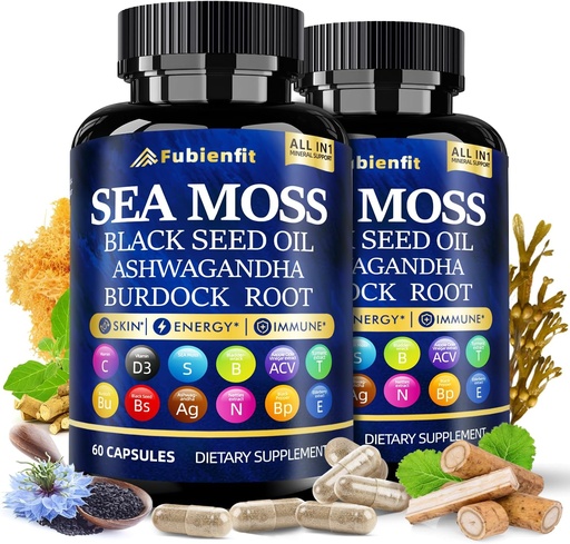 [BRSRAFIOCN5RGALO] (2 Paket) Organic Sea Moss Capsules - Dəniz dəyişdirilməsi Black Seed Oil ashwagandha Burdock Root Ginger & Essential Vitamins - Immune Boost, Digestive Health üçün Superfood, və ümumi Wellness