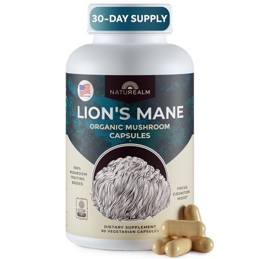 [BRSROAYCAQDRECDU] Naturealm Lions Mane Mushroom Supplement Capsules | 30-Day Supply | Organic Brain & Immune Support | 100% Fruiting Body Extract, No Mycelium | Focus, Memory & Mental Clarity