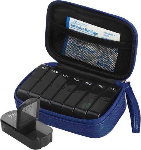 [BRSRMZYCCN7BAFDB] Weekly PU Leather Pill Bag Organizer Case 2 Times a Day, AM PM Daily Pill Box to Hold Vitamin, Fish Oil, Supplements and Medicine (Blue)