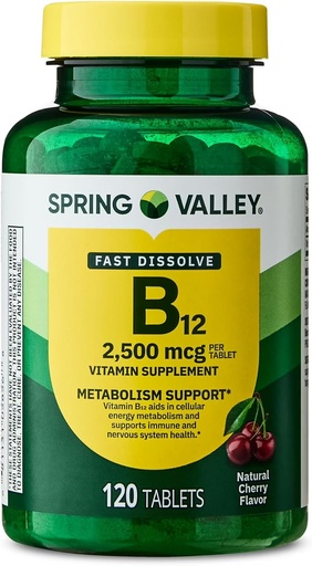 [BRSROFAZCADWECD5] Spring Valley, Vitamin B12 2500 MCG, B12 Quick-Dissolve Cherry Flavor Tablets Dietary Supplement, Vitamin B12, 120 Count - New Look (Pack of 1)