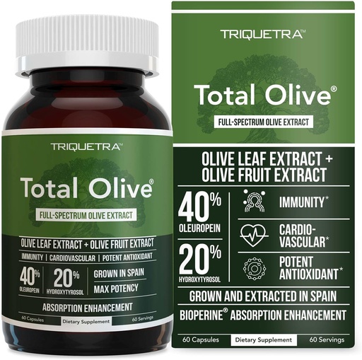 [BRSWYHA5CBYWMFDL] Total Olive® - Extracto de hoja de oliva (40% Oleuropeina) Más extracto de fruta de oliva (20% Hydroxytyrosol) – Extracto de espectro completo Grown &amp; Extracto en España – Mejora de absorción BioPerina (60 Conde)