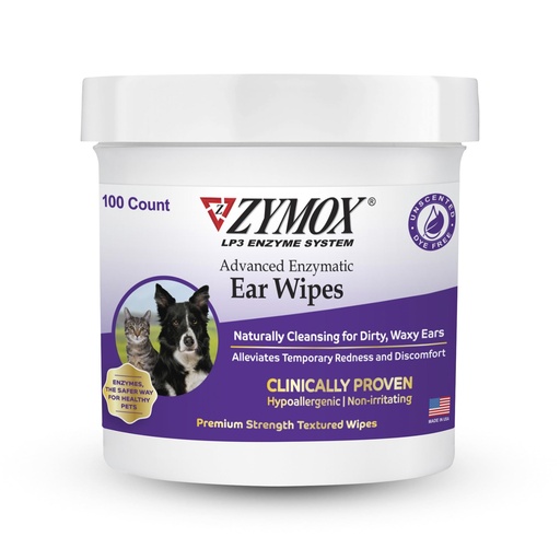 [BRSROAIODMBQE3TG] Zymox Advanced Enzymatic Ear Wipes for Dogs and Cats - for Dirty, Waxy, Smelly Ears - Premium Strength Ear Cleaner Wipes - Non-Irritating - Hypoallergenic - 100 ct