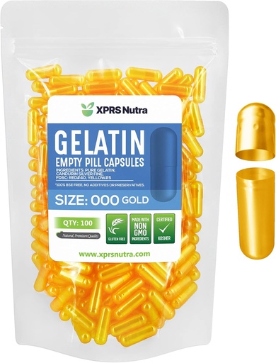 [BRSW2YABAEBWC3TP] XPRS Nutra Size 000 Empty Capsules - 100 Count Large Empty Gelatin Capsules - DIY Supplement Pill Filling - Fillable Color Gel Caps Pills for Do-It-Yourself Supplements (Gold)