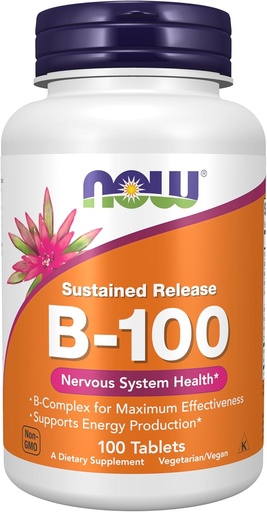 [BRSWIGT6OR7BAE3G] NOW Voedingssupplementen, Vitamine B-100, Sustained Release, Energieproductie*, Zenuwstelselgezondheid*, 100 tabletten