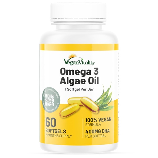 [BRSWGEA3DJ4BEC3X] Vegan Vitality Vegan Omega 3 Supplement - 60 Plant Based Algae Oil Soft Gels Essential Fatty Acids with Vegan DHA for Joint, Heart & Immune Support Without EPA