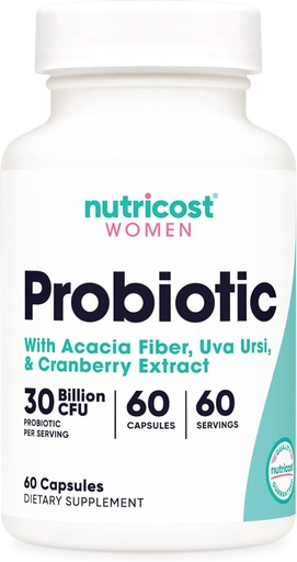 [BRSRAZA5BEJW2H32] Nutricost probiotik za ženske 30 milijard CFU, 60 kapsul - kompleks z Acacia Fiber, Uva Ursi & Cranberry Extract, brez GMO & Gluten