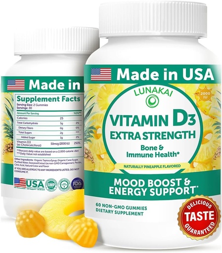 [BRSWYZYFCMIWYETH] Lunakai USA Valmistatud Vitamiin D3 Gummies 2000 RÜ - Mitte-GMO, Gluteenivaba D-vitamiini Gummies Naistele Ja Meestele - Luu, Immuunsuse Ja Energia Toetus, 60 Ct