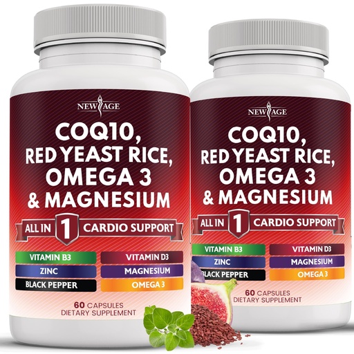 [BRSRAEIOC4MBQ237] NEW AGE COQ10 200mg Red Yeast Rice 3000mg Omega 3-6-9 3000mg Magnesium Complex 500mg Zinc Vitamin K2 D3 - Vitamins for Women and Men with Vitamin B3, Coenzyme Q10-120 Count