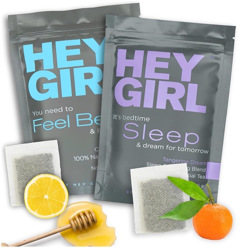 [BRSRMZT2OYNR4HTB] Hey Girl Sleep + Feel Better Tea Bundle - Sleep Tea w/Chamomile, Valerian Root & Lemon Balm in Tea Bags + Feel Better Herbal Tea with Echinacea, Elderberry, Vitamin C