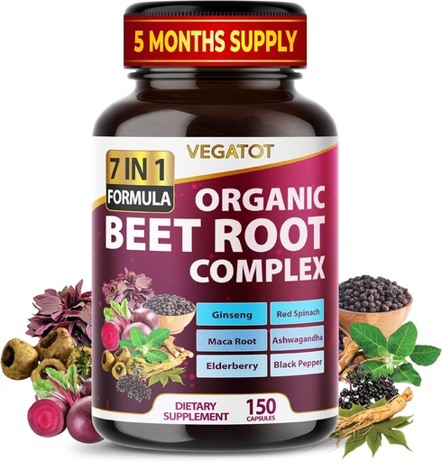 [BRSRMZDYB4CWM2D7] VEGATOT Beet Root *USA Made and Tested* Concentrated with Ginseng Maca Root Ashwagandha - Energy Stamina Immune Support (150 Count (Pack of 1))