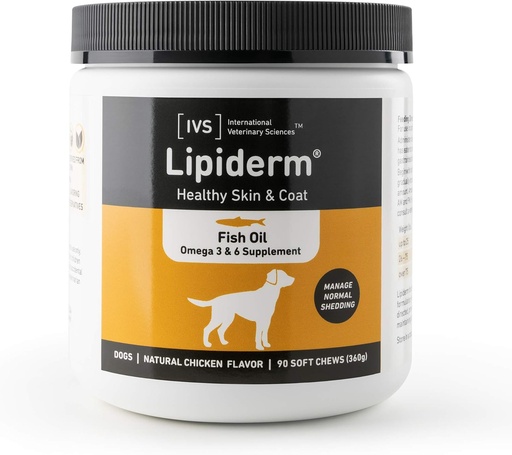 [BRSWYALQC4MAOH35] New International Veterinary Sciences IVS Lipiderm Skin and Coat Fish Oil Omega 3 and 6 Dietary Supplement Dogs, Made in The USA (Soft Chews, 90 Count)