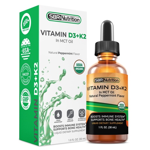 [BRSWEC32DN6AOHLX] SBR Nutrition MAX Absorption, Vitamin D3 + K2 (MK-7) Liquid Drops with MCT Oil, Peppermint Flavor, Helps Support Strong Bones and Healthy Heart
