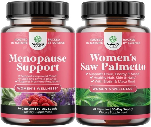 [BRSROCA3CR7GKET4] Bundle of Menopause Supplement for Hot Flashes with Dong Quai Vitex Chaste Berry & Black Cohosh & Extra Strength Saw Palmetto for Women 500mg - DHT Blocker Hair Loss Supplement with Maca Root & Biotin