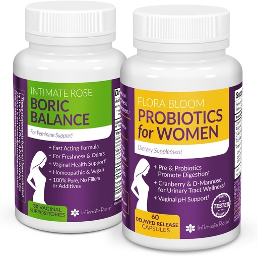 [BRSWGGQQPMIR6DLD] Intimate Rose Combo Pack! Flora Bloom Probiotics for Women (One Bottle) and Boric Balance Boric Acid (One Bottle) 2 Pack