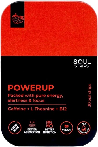 [BRSRAZYKCICWCYDP] Soul Strips Power Up - Workout + Energy Oral Strips with Caffeine, L-Theanine, Vitamin B12, Strawberry Flavor, Enhances Metabolism, Quick Absorb, Daily Use, Zero Sugar, Vegan, 30 Strips Pack
