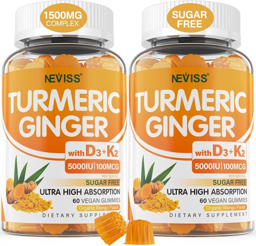 [BRSROCQKDF7BS3LA] Sugar Free Turmeric Ginger Gummies with 5000 IU Vitamin D3 (MK7), C - Vegan Turmeric supplement Gummies for Adults 1500mg with Black Pepper, Supports Bone, Immune & Digestive Health - 120 Cts