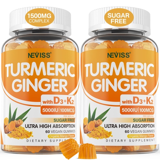 [BRSROCQKDF7BS3LA] Turmeric and Ginger Gummies Supplement 1500mg w/Vitamin D3 5000 IU, K2 (MK7) & Black Pepper, Sugar Free Vegan Ginger and Turmeric Curcumin Supplements Gummy for Bone, Immune & Digestive Health, 120ct
