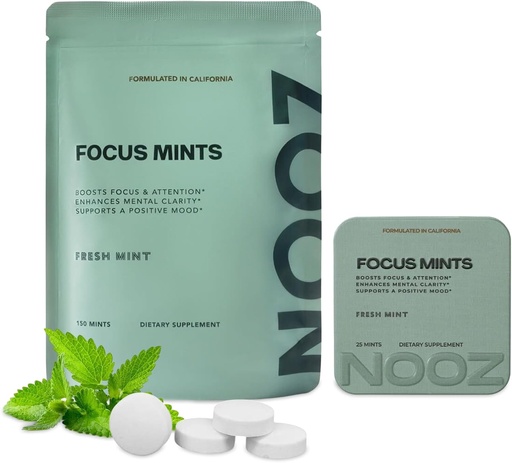 [BRSRAAT6CUNRME3L] Sac de recharge de menthes de foyer NOOZ - Booster de cerveau sans caféine pour la clarté mentale - Arôme de menthe fraîche, sans sucre, supplément amical avec les vitamines C, B6, B12 - Non-OGM, étiquette propre, 150 menthes