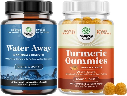 [BRSRAZYQCR5BMEQ4] Bundle of Water Away Pills Maximum Strength for Water Retention for Fast Acting Bloating Relief and Turmeric Gummies for Adults Peach Flavor - Extra Strength Joint Support Gummies