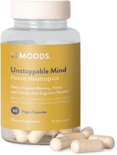 [BRSW2CA7CAFWECTF] Moods , Unstoppable Mind , Focus Nootropics , Boost Energy and Mental Agility, Memory, Concentration , Bacopin, L-Glutamine, Lion's Mane, Alpha Lipoic Acid, Pantothenic Acid , 60 Vegan Capsules