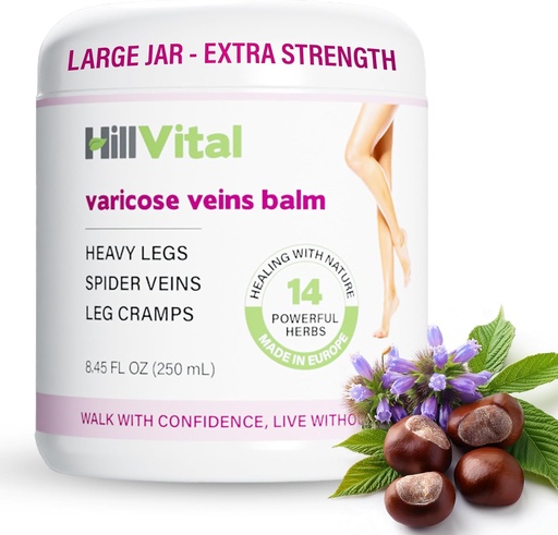 [BRSWGGQKCQPQ2CTH] HillVital Varicose Veins behandling for ben, Naturlig Varicose Vein Cream & Spider Vein behandling for ben og andre kroppsdeler, Premium hest Chestnut krem for puffed vener, infundert med 14 urter