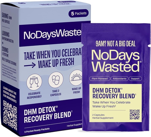[BRSW2BITAVYQMDL6] No Days Wasted DHM Detox 5 Portable Servings - Optimerad Blend av DHM (Dihydromyricetin Supplement) och vitaminer att ta under kvällen för bättre nästa dag och återhämtning
