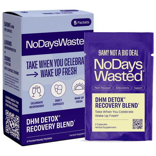 [BRSW2BITAVYQMDL6] No Days Wasted DHM Detox 5 Portable Servings - Optimized Blend of DHM (Dihydromyricetin Supplement) and Vitamins to Take During Evening for Better Next Day and Recovery