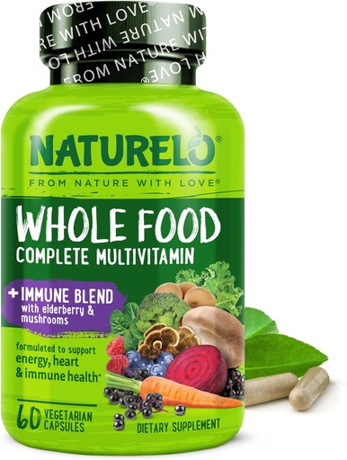 [BRSW2ZQHDJYGKCI7] NATURELO Celopotravinový multivitamín + Immune Blend s bazami a hubami - Kompletný multivitamín s extraimunitnou podporou - C, D3, Zinok, bazy, Reishi, Shitake - 60 Vegánskych kapsúl