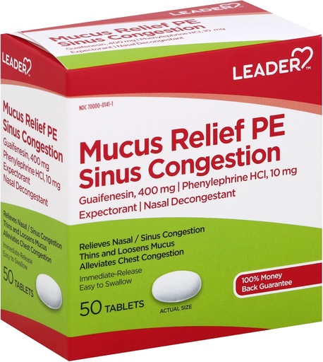 [BRSWG2QCO5YRSGT2] Leader Mucus Relief PE Sinus Congestion, Expectorant; Nasal Decongesstant, ohut ja Loosens lima, välittömästi release, Alleviates Chest Congestion, 50 tablettia