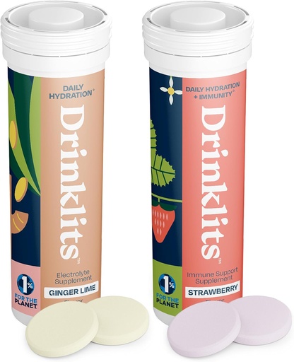 [BRSROBIDCEAQGFYZ] Drinklits Ginger- Lime Electrolyte Hydration & Strawberry Imunity Tablety (2) Tube Combo Pack Côte 124; Velká chuť - gluten Free - Denní použití Côte 124; 20 Servings (10 tablet per Tube)