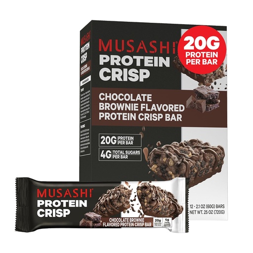 [BRSROCYNCUPRUAL3] MUSASHI Protein Crisp Bar, 20g Protein, 4g Total Sugars, Chocolate Brownie, Post Workout and Snack On The Go, 12 Pack of 2.1oz (60g) Bars