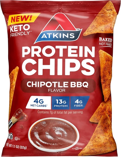 [BRSW2BIKBMHQADLK] Atkins Chipotle BBQ Protein Chips, 4g Net Carbs, 13g Protein, Gluten Free, Low Glycemic, Keto Friendly, 12 Count