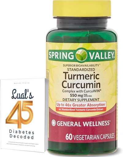 [BRSRMBL6CQCBMDQV] Spring Valley Turmeric Curcumin Supplement Bundle with Lual's 45 Diabetes Decoded | Complex with CurcuWin | Dietary Supplement | 550 mg, 60 Capsules