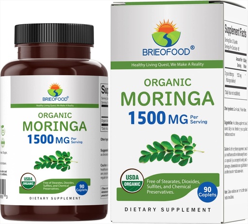 [BRSRMZDQBZYRS2A4] Brieofood Organic Moringa 1500mg, 45 Paslaugos, Vegetarian, Gluten Free, 90 Vegetarian Tablets