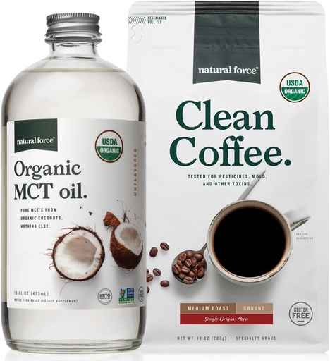 [BRSRMCATCIMBU23V] Natural Force Organic Ground Clean Coffee + Organic MCT Oil Bundle – 100% Pure Coconut MCTs & Mold & Mycotoxin Free Coffee – Non-GMO, Keto, Paleo, and Vegan - 10 Oz Bag and 16 Oz Glass Bottle