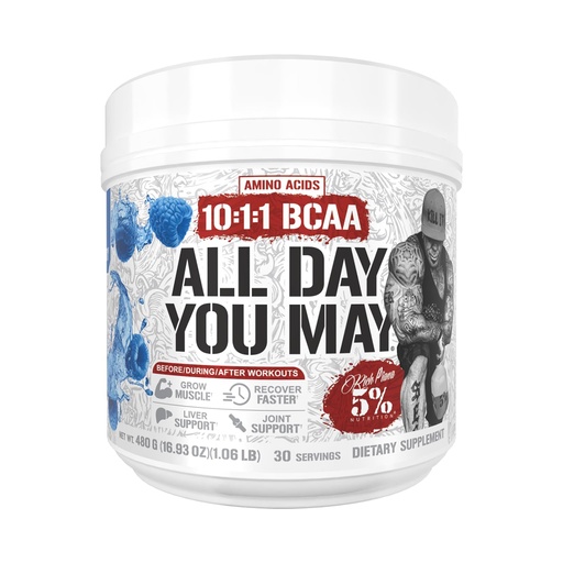 [BRSW22Y5OQIGKCTJ] 5% Nutrition Rich Piana AllDayYouMay BCAA Powder | Premium Intra & Post Workout Amino Acids, EAA, Electrolytes | Hydration, Endurance, Recovery | Vegan & Keto | 16.93 oz, 30 Srvgs (Blue Raspberry)