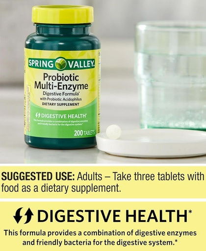 [BRSRAFL5BUMRUEQ4] Probiotic Supplement with Digestive Enzymes for Men and Women, 200 Tablets - Includes Acidophilus, and Prebiotics for Gut Health and Digestive Support | Spring Valley Probiotics Multi-Enzyme