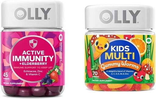 [BRSRAYYYPIGWCHI3] OLLY Gummy Active Immunity+Elderberry 45 Gummies &amp; Kids Multivitamin Gummy Worms 70 Count